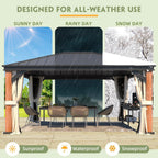 EROMMY 12' x 16' Luxury Ultra-Thick Columns and Beams Hardtop Gazebo with Faux Wood Grain Aluminum Frame, Vertical Stripe Galvanized Steel Single Roof