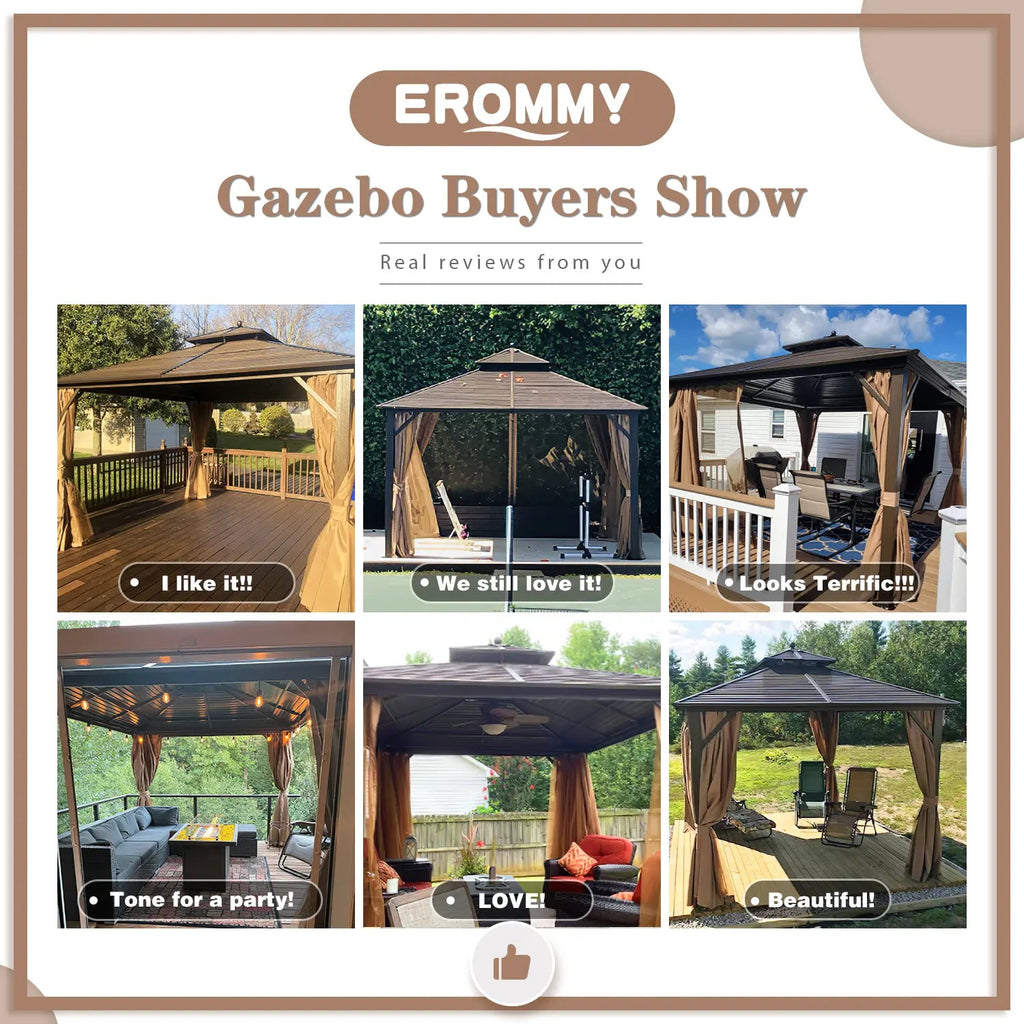 EROMMY 12' x 12' Hardtop Gazebo Canopy Galvanized Steel Pergolas with Netting & Curtains