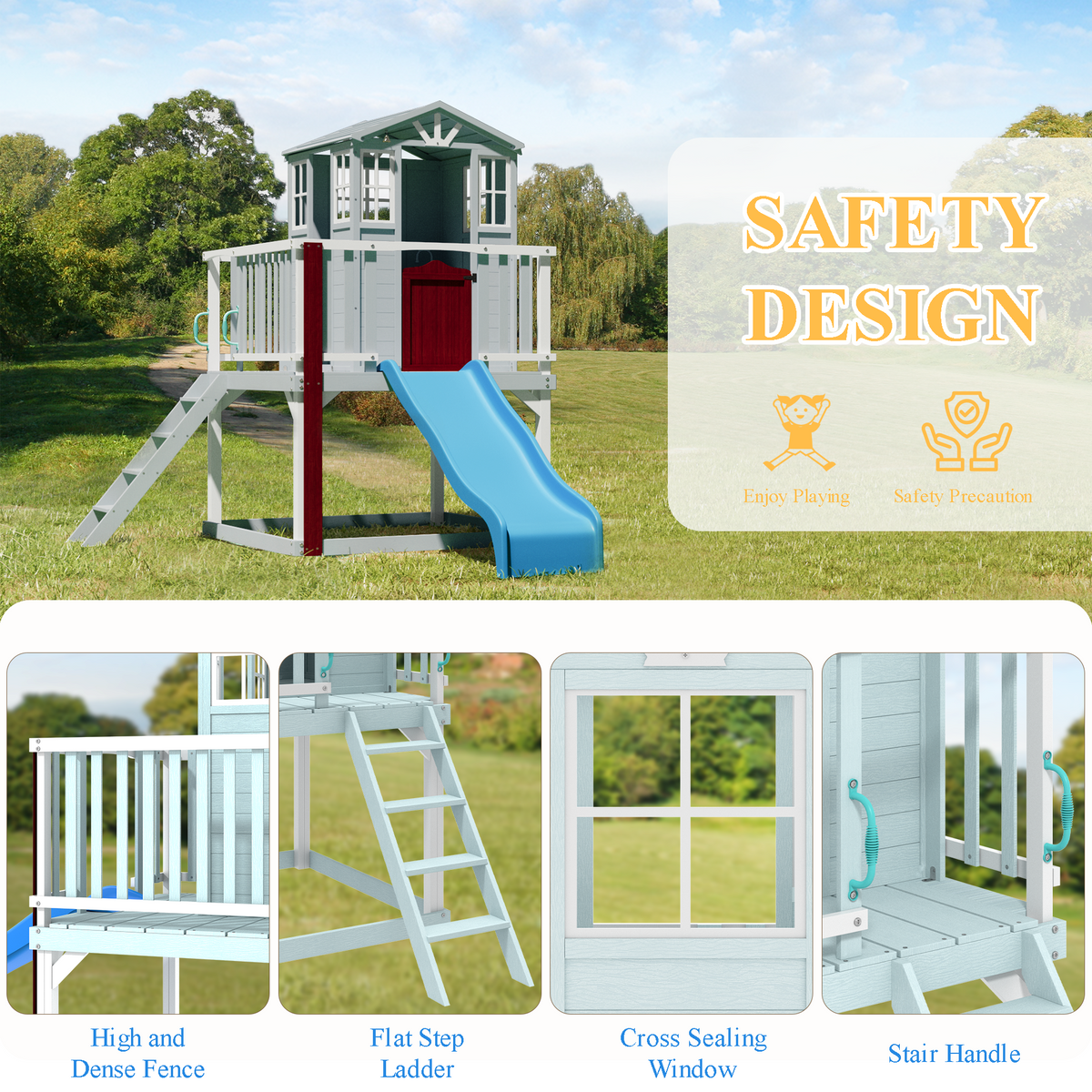 Erommy  Outdoor Wooden Playhouse for Kids - Fir Tree House with Slide, Climbing Ladder & Play Kitchen | Ages 4-8, Gray
