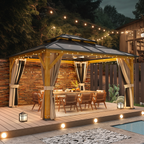 EROMMY 12' x 14' Hardtop Gazebo, Wood Outdoor Gazebo, Polycarbonate Double Roof, Netting and Curtains, Patio Gazebo