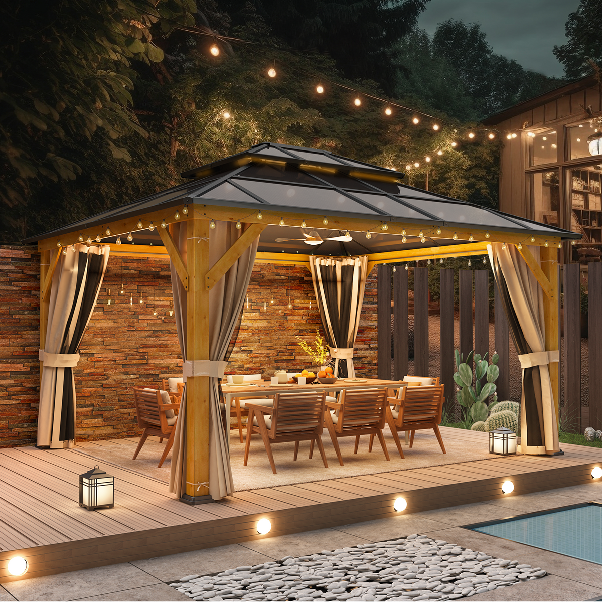 EROMMY 12' x 14' Hardtop Gazebo, Wood Outdoor Gazebo, Polycarbonate Double Roof, Netting and Curtains, Patio Gazebo
