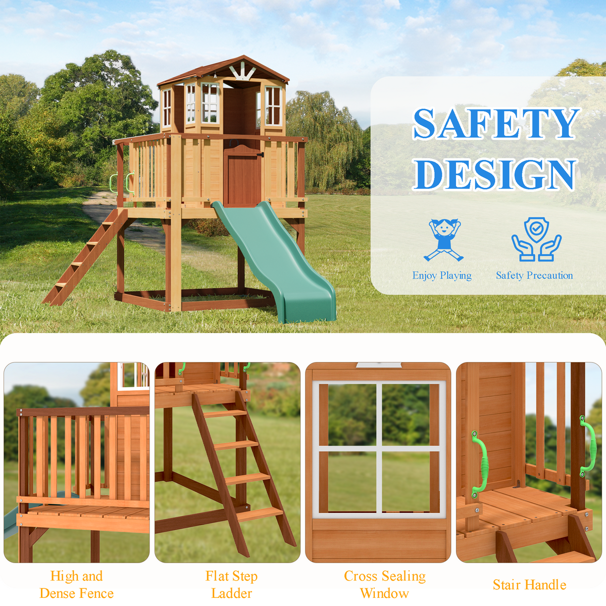 Erommy  Outdoor Wooden Playhouse for Kids - Fir Tree House with Slide, Climbing Ladder & Play Kitchen | Ages 4-8, Wood