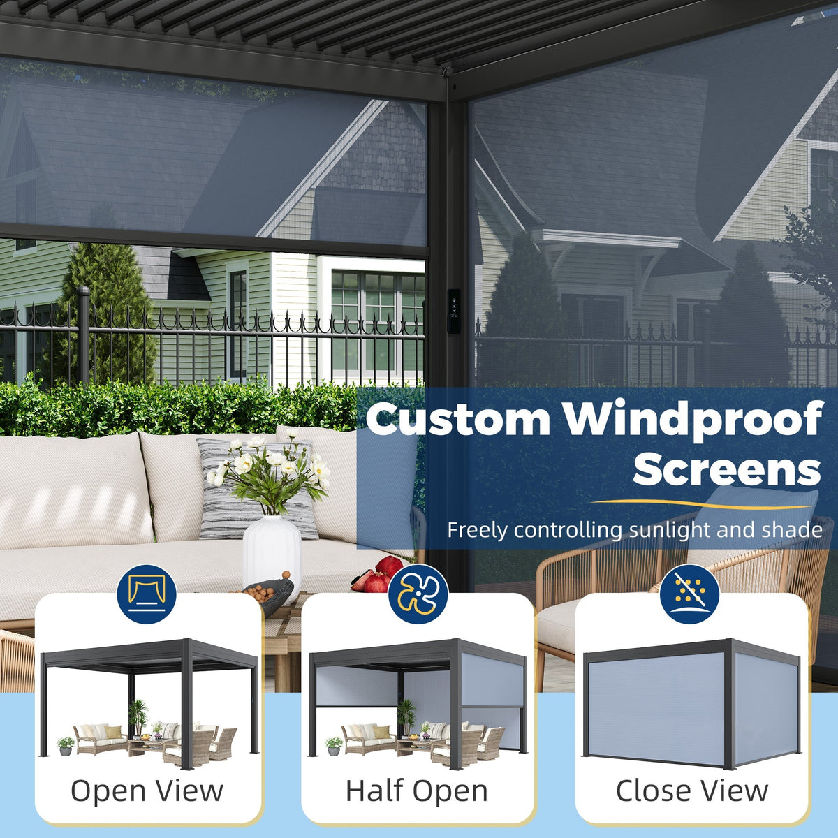 EROMMY 10' x 13' Outdoor Pergola with LED Lights, Aluminum Gazebo with Motorized Louvers & Side Screens for Patio, Backyard & Poolside, Black