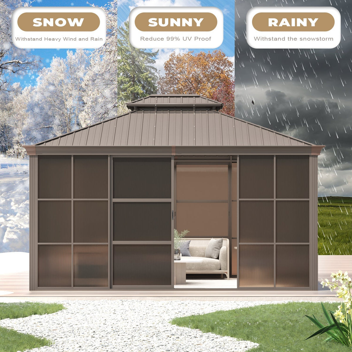 EROMMY 12X14 Florida Sunroom for Backyard Greenhouse with Sliding Door – Brown