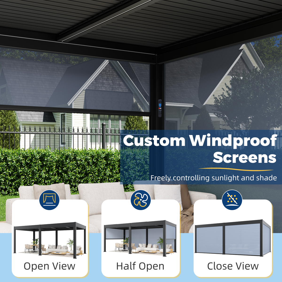EROMMY 10' x 20' Outdoor Pergola with LED Lights, Aluminum Gazebo with Motorized Louvers & Side Screens for Patio, Backyard & Poolside, Black