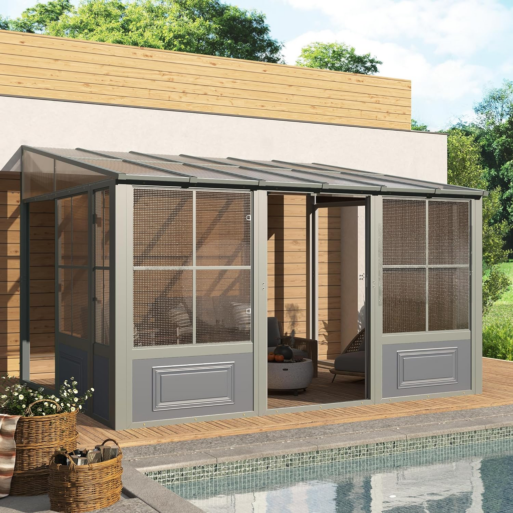 EROMMY 10X12 Wall Mounted Sunroom with Prefabricated 4-season Design – Grey