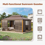 EROMMY 12'*16' Sunroom, with Front Door, Side Entrance, Galvanized Steel Double Top, Wood Grain Appearance, Aluminum Alloy Frame, Solarium Backyard Sun Room