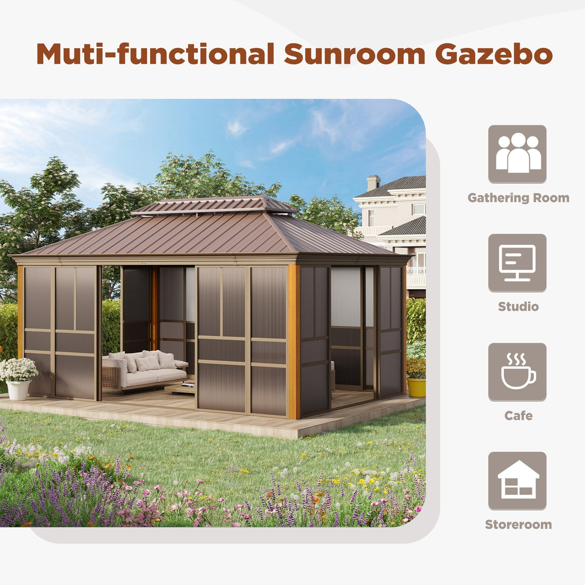 EROMMY 12'*16' Sunroom, with Front Door, Side Entrance, Galvanized Steel Double Top, Wood Grain Appearance, Aluminum Alloy Frame, Solarium Backyard Sun Room