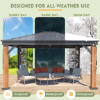 EROMMY 12' x 14' Hardtop Gazebo, Galvanized Steel Top with Wood Grain Aluminum Frame, Permanent Metal Pavilion with Three-Layer Storage Shelvess