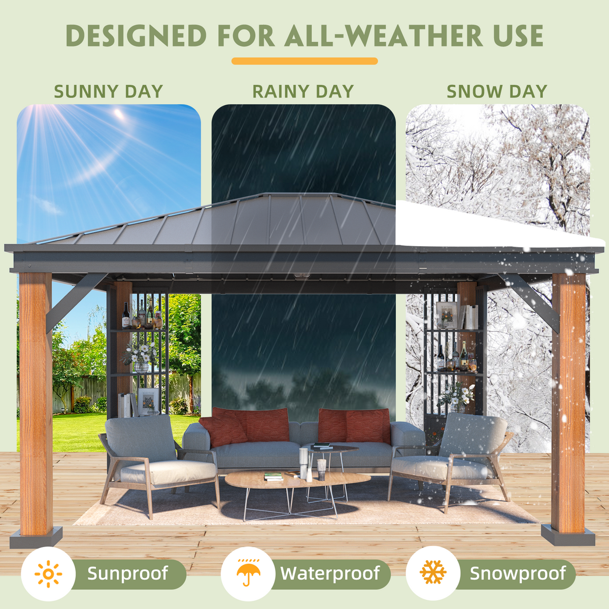 EROMMY 12' x 14' Hardtop Gazebo, Galvanized Steel Top with Wood Grain Aluminum Frame, Permanent Metal Pavilion with Three-Layer Storage Shelvess