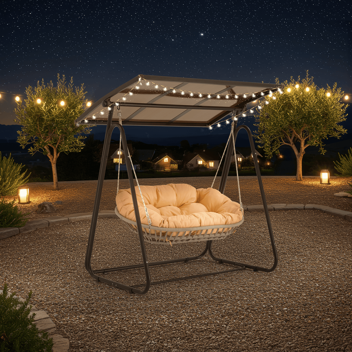 EROMMY 2-Seat Patio Swing Chair with Adjustable Canopy, Beige