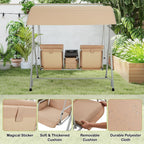 EROMMY 2-Person Outdoor Swing with Canopy, Storage Table, Cooler Bag & Cushions – Beige