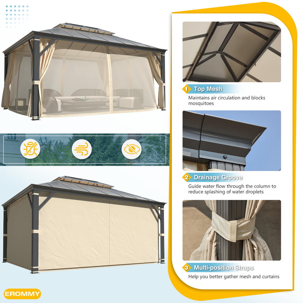 EROMMY 12' x 16' Hardtop Gazebo, Permanent Outdoor Aluminum Patio Gazebo, Double Roof, Patio and Garden, Curtains and Netting