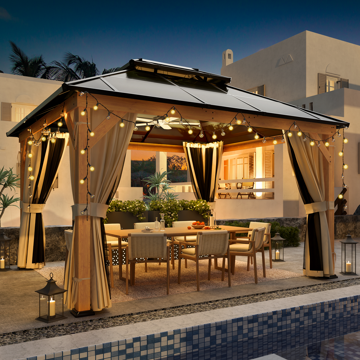 EROMMY 11'x 13' Hardtop Gazebo, Wood Outdoor Gazebo, Polycarbonate Double Roof, Netting and Curtains, Patio Gazebo