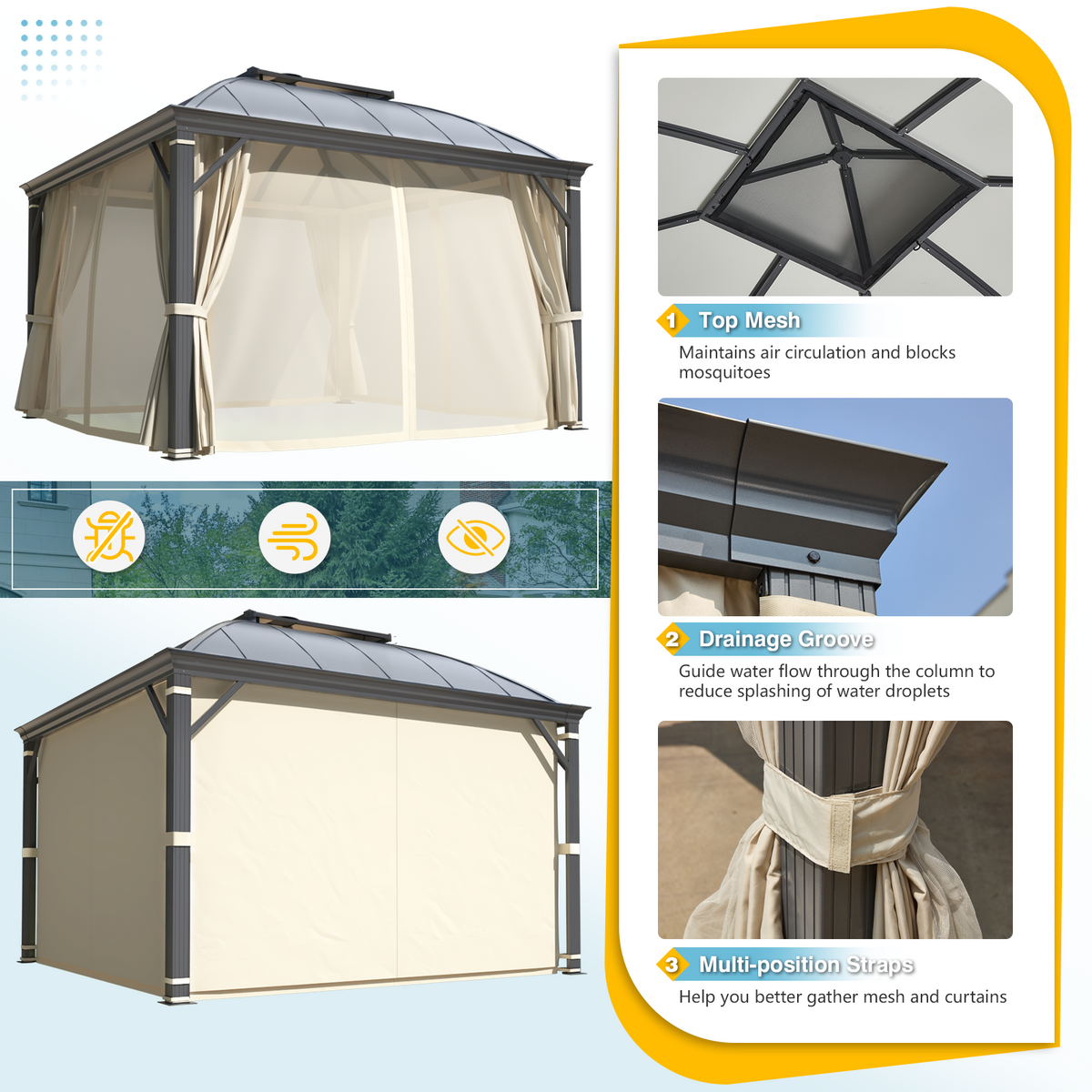 EROMMY 12' x 12' Hardtop Gazebo, Permanent Outdoor Aluminum Patio Gazebo with Aluminum Composite Double Arc Roof, Curtains and Netting Included