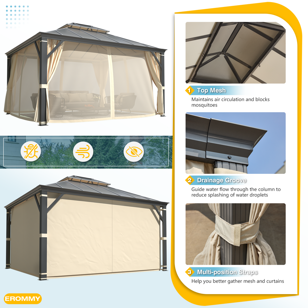 EROMMY 12' x 14' Hardtop Permanent Outdoor Aluminum Patio Gazebo with Double Roof for Patio and Garden, Curtains and Netting