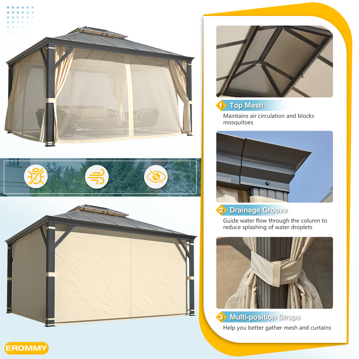 EROMMY 12' x 14' Hardtop Permanent Outdoor Aluminum Patio Gazebo with Double Roof for Patio and Garden, Curtains and Netting