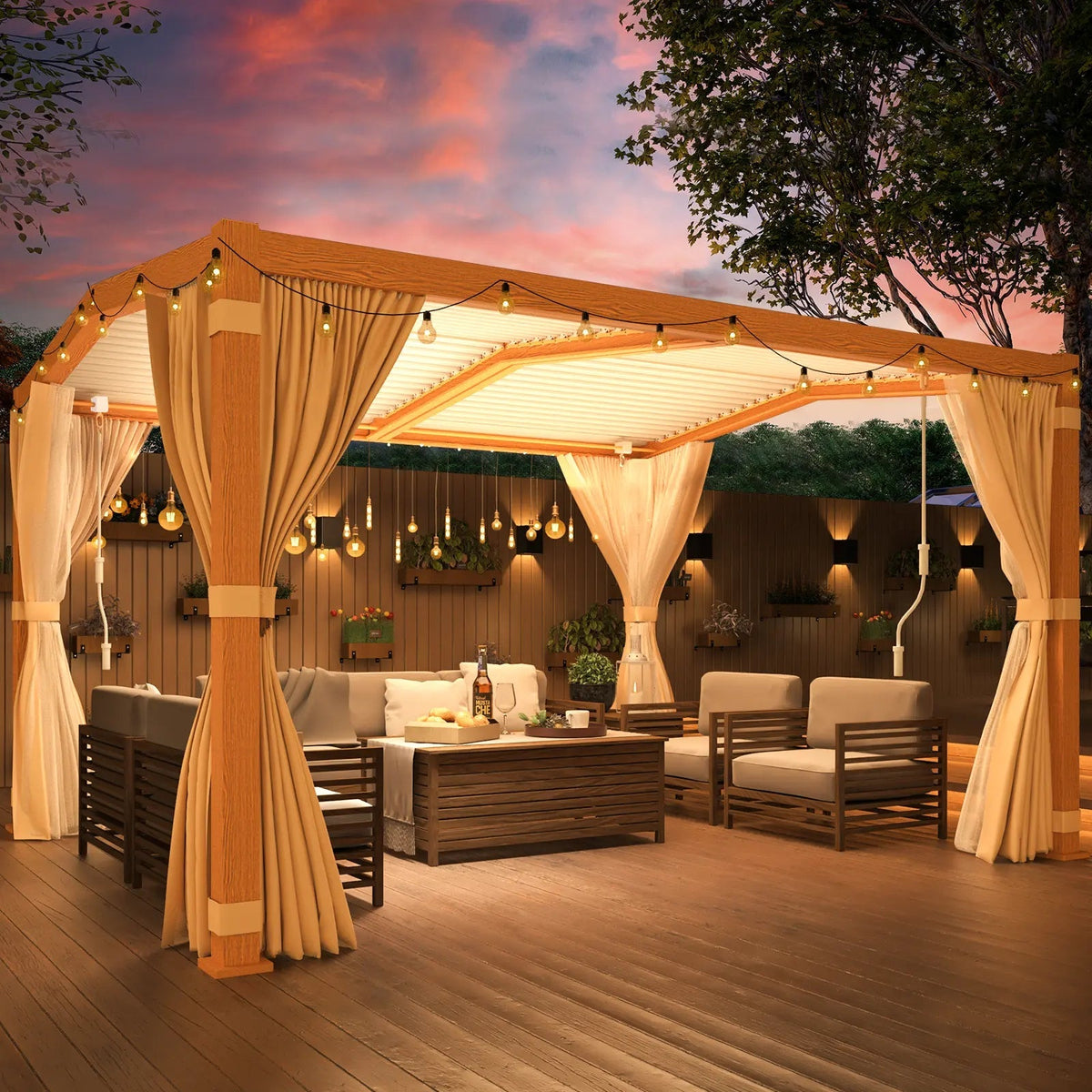EROMMY 11x13 Louvered Aluminum Pergola with Canopy – Wood Grain