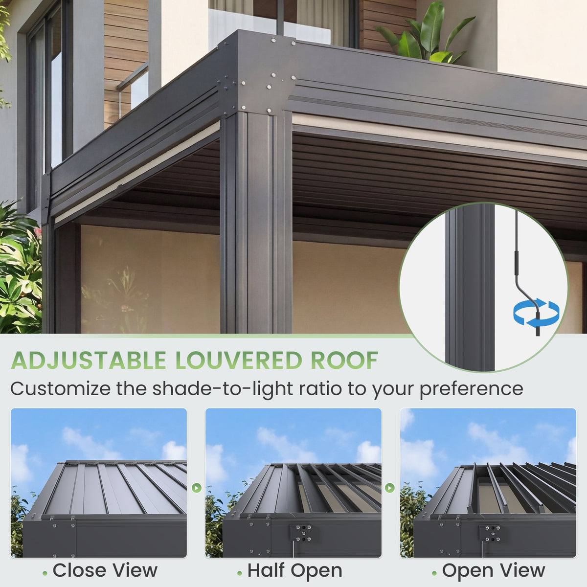 EROMMY 12' x 12' Louvered Pergola with Pull-Down Screens, Aluminum Outdoor Pergola with Retractable Roof for Patios, Decks & Backyards, Black