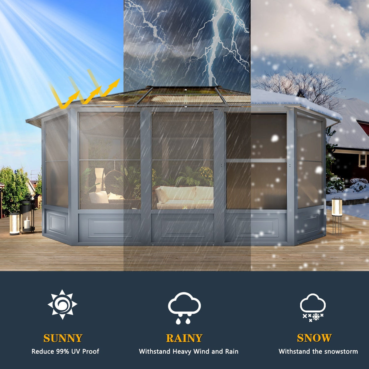 EROMMY 12X15 Solarium Room for 4 Season with Sliding Door – Grey
