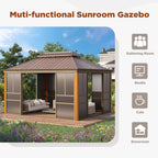 EROMMY 12'*14' Sunroom, with Front Door, Side Entrance, Galvanized Steel Double Top, Wood Grain Appearance, Aluminum Alloy Frame, Solarium Backyard Sun Room