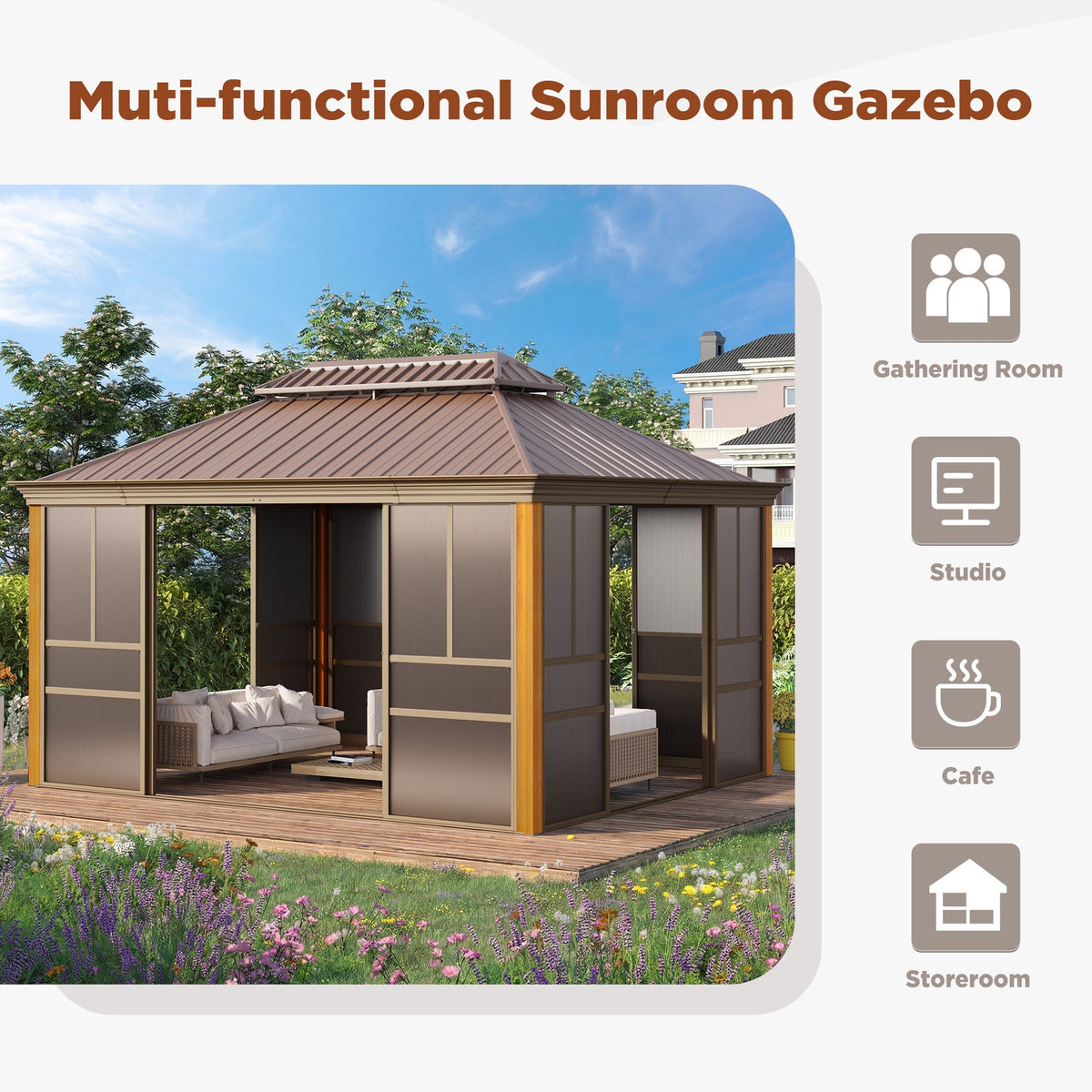 EROMMY 12'*14' Sunroom, with Front Door, Side Entrance, Galvanized Steel Double Top, Wood Grain Appearance, Aluminum Alloy Frame, Solarium Backyard Sun Room