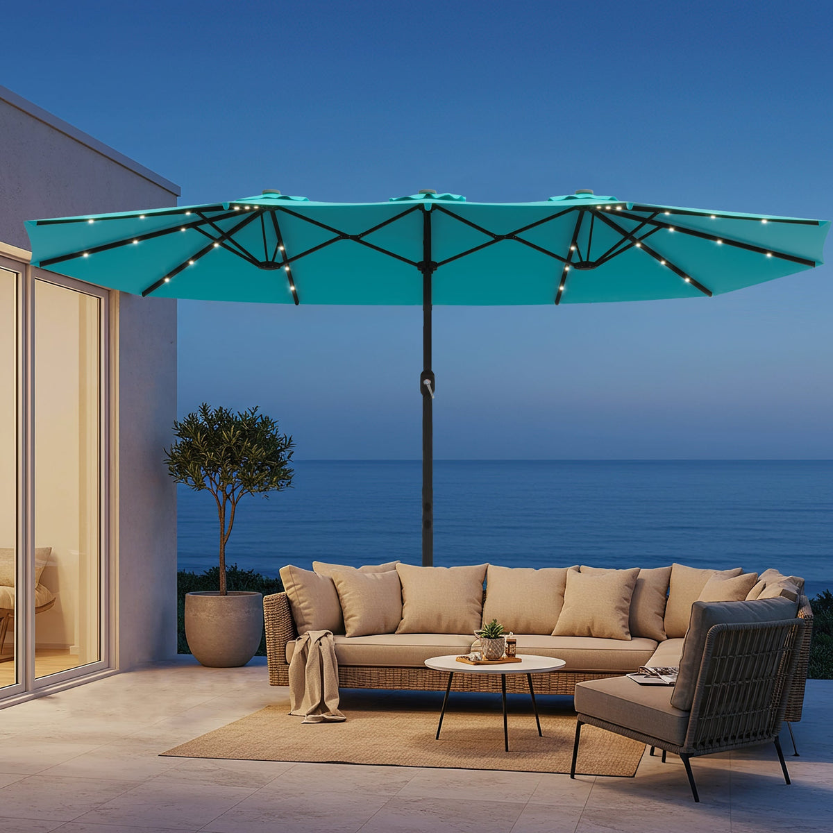 EROMMY 15 X 9 Double-Sided Large Umbrella with Solar LED - Blue