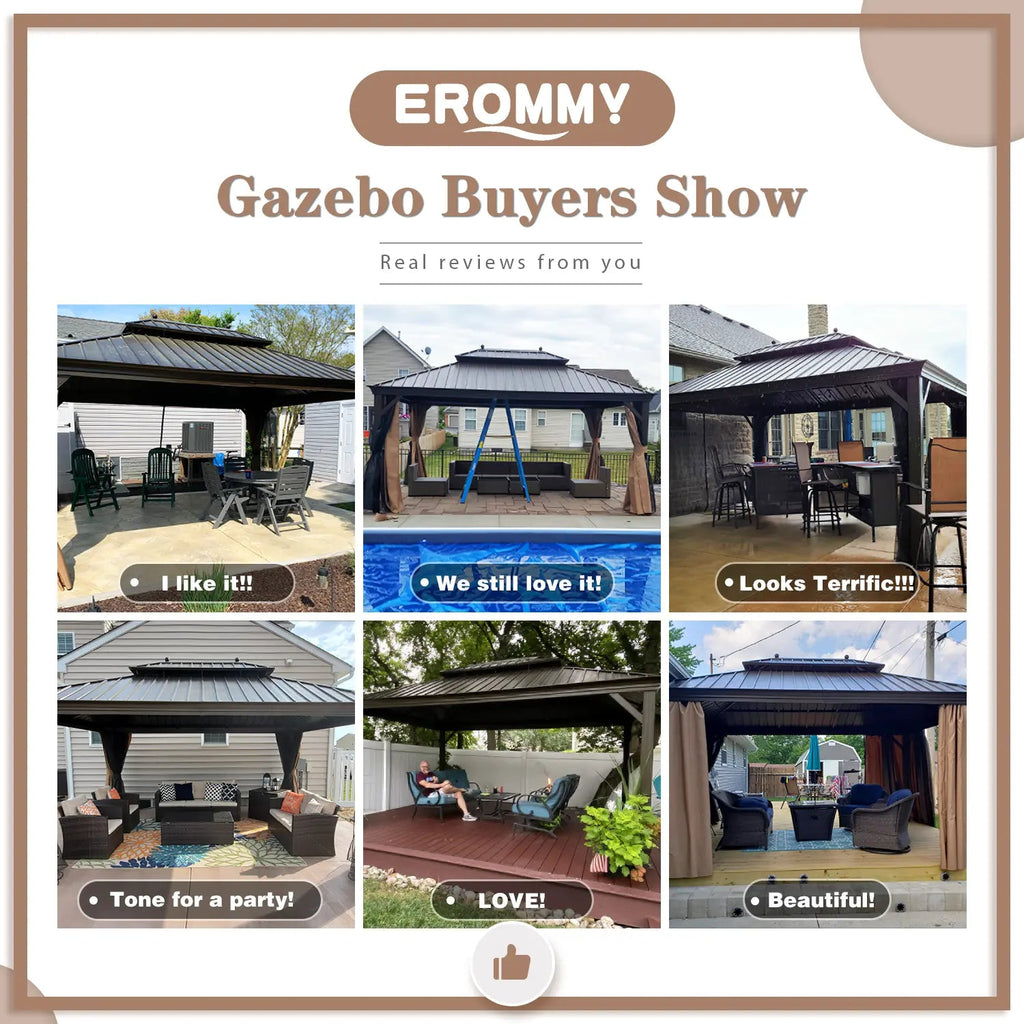 EROMMY 12' x 16' Hardtop Gazebo Galvanized Steel Double-Roof Canopy Outdoor, Aluminum Frame Permanent Metal Pavilion, Netting & Curtains