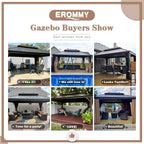 EROMMY 12' x 16' Hardtop Gazebo Galvanized Steel Double-Roof Canopy Outdoor, Aluminum Frame Permanent Metal Pavilion, Netting & Curtains