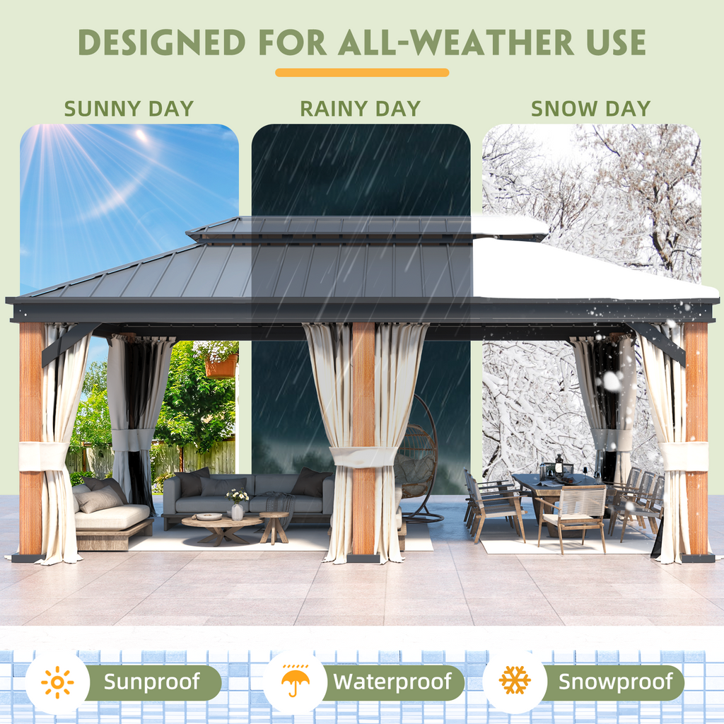EROMMY 12X20 Wooden Finish Coated Aluminum Gazebo with Metal Roof