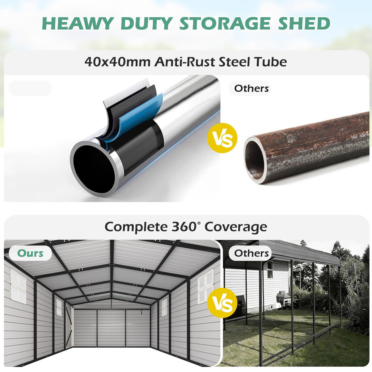 EROMMY 14x24 FT Heavy Duty Carport - Galvanized Steel Frame Car Shelter with Reinforced Base, Enclosed Storage Shed for Cars & Trucks, Grey