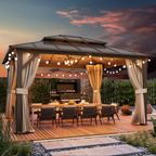 EROMMY 12' x 14' Hardtop Gazebo, Outdoor Gazebo with Polycarbonate Vertical Stripe Double Canopy, Aluminum Gazebo with Netting and Curtains for Patios
