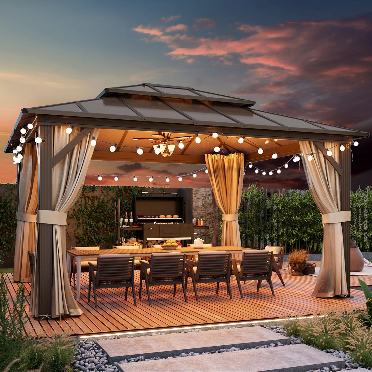 EROMMY 12' x 14' Hardtop Gazebo, Outdoor Gazebo with Polycarbonate Vertical Stripe Double Canopy, Aluminum Gazebo with Netting and Curtains for Patios