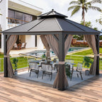 EROMMY 12' x 12' Hardtop Gazebo Canopy Galvanized Steel Pergolas with Netting & Curtains