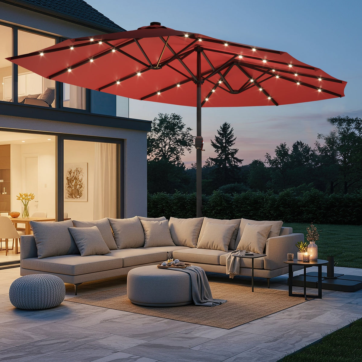 EROMMY 15 X 9 Double-Sided Large Umbrella with Solar LED - Red