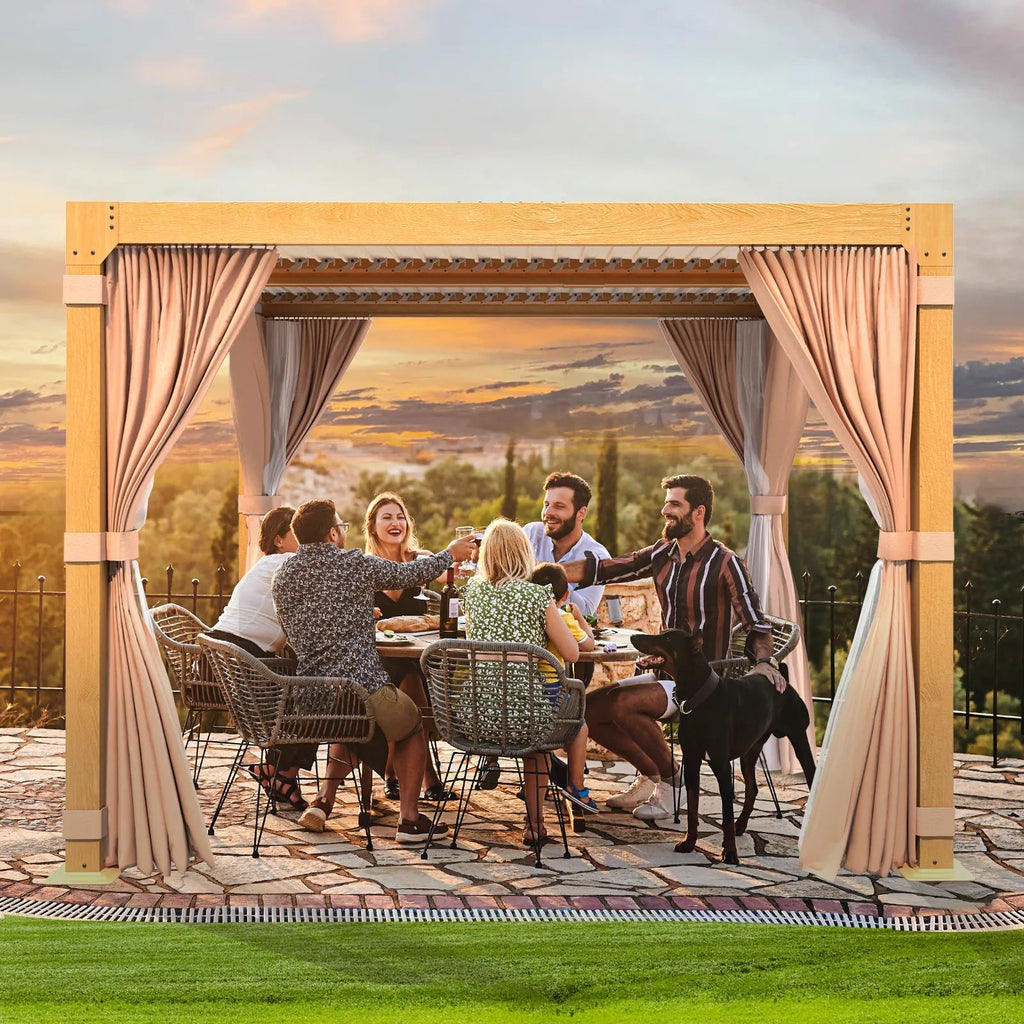 EROMMY 10X10 Pergola with Louvered Adjustable Roof – Wood Grain