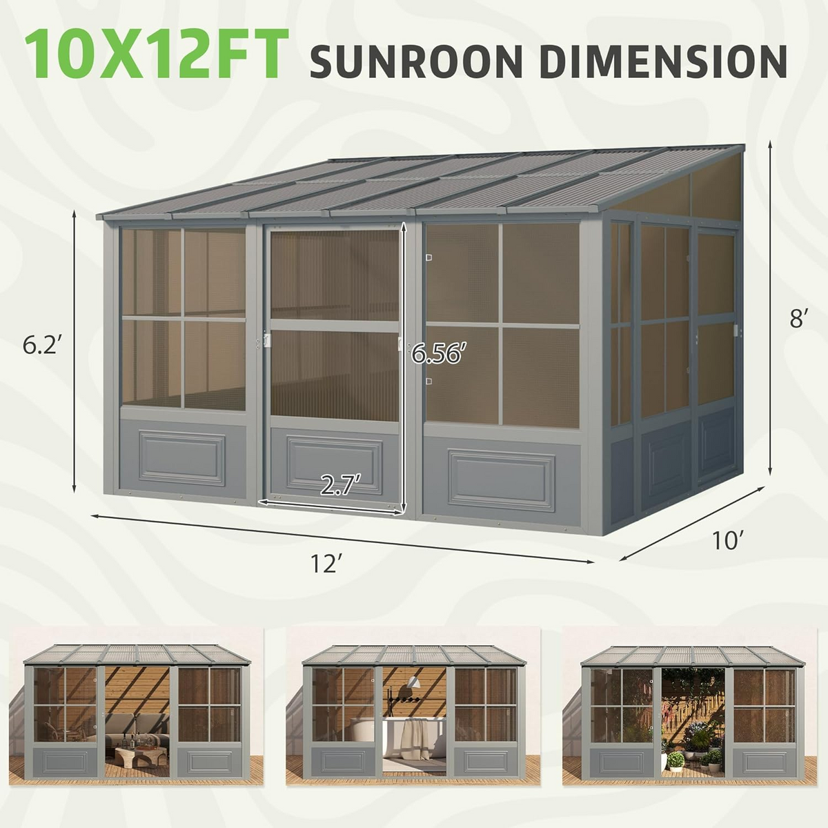 EROMMY 10X12 Wall Mounted Sunroom with Prefabricated 4-season Design – Grey