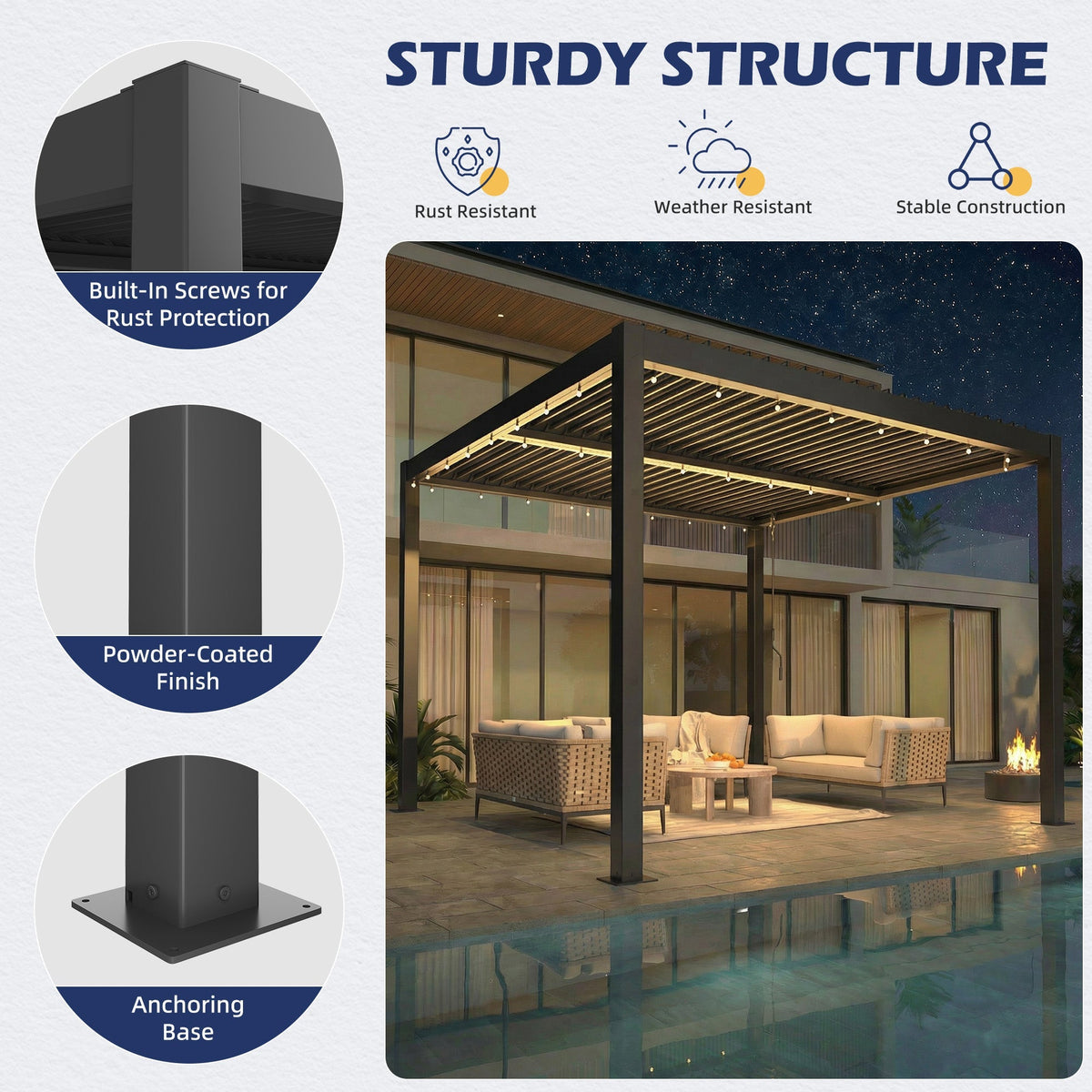 EROMMY 10' x 10' Outdoor Pergola with Adjustable Louvered Roof & Integrated Drainage, Heavy-Duty Metal Louvered Pergola for Patios, Black