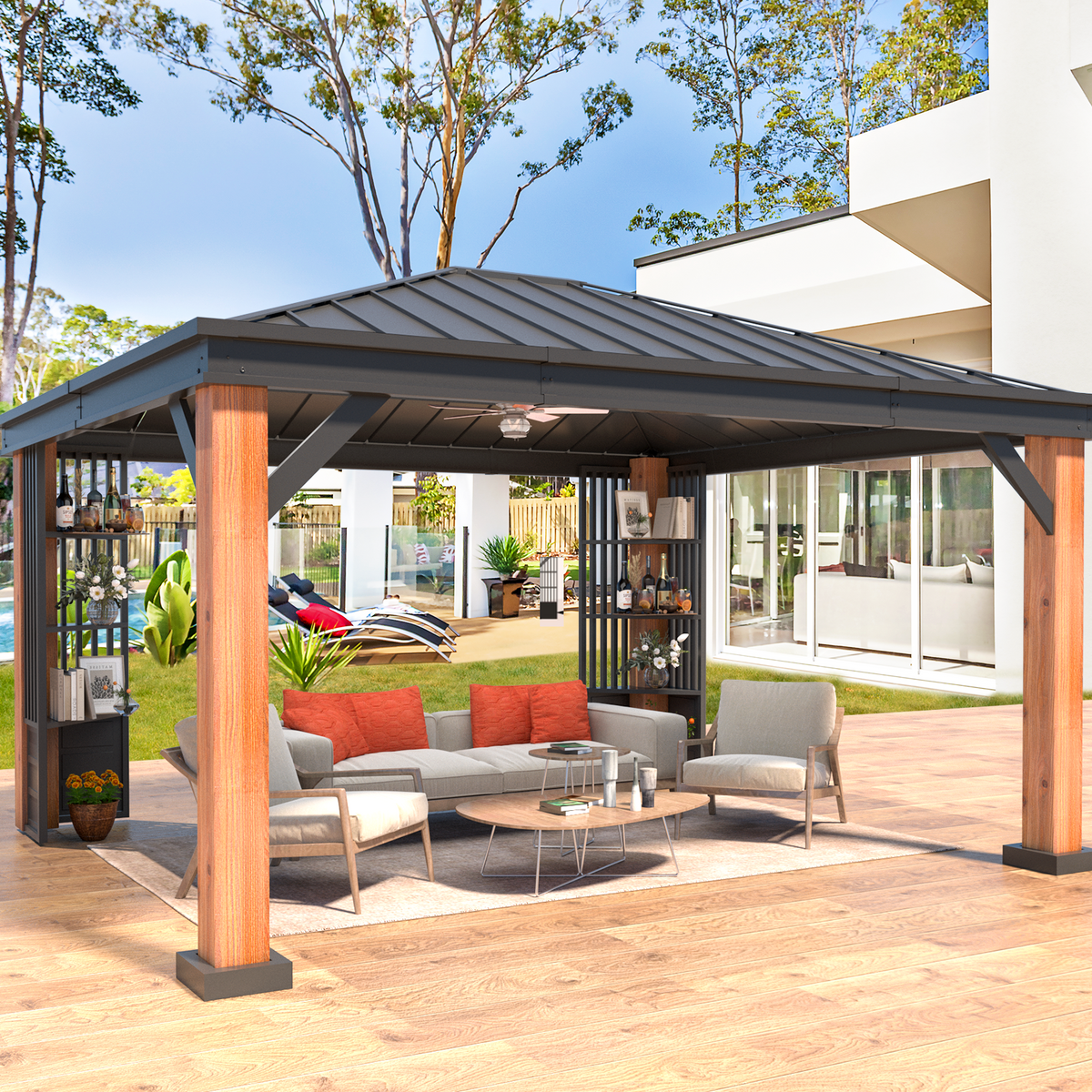 EROMMY 12' x 14' Hardtop Gazebo, Galvanized Steel Top with Wood Grain Aluminum Frame, Permanent Metal Pavilion with Three-Layer Storage Shelvess