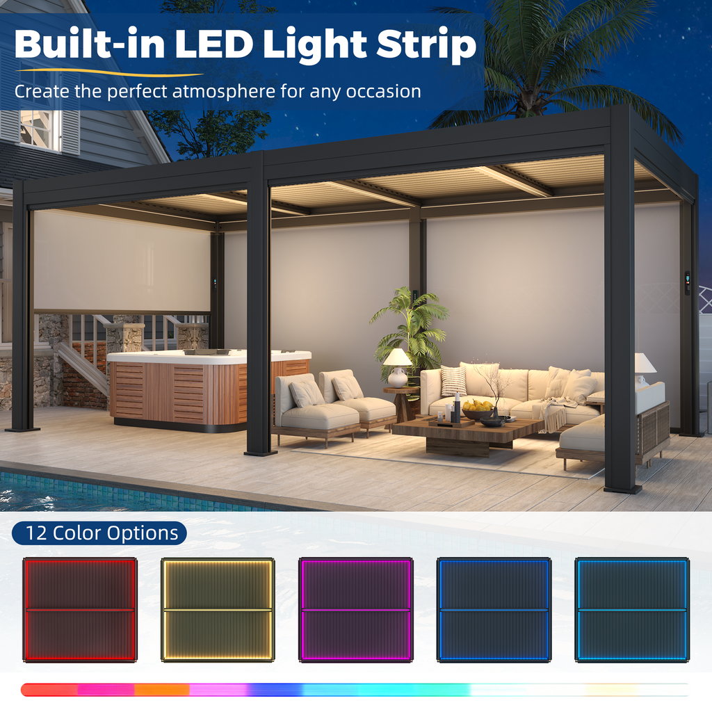 EROMMY 10' x 20' Outdoor Pergola with LED Lights, Aluminum Gazebo with Motorized Louvers & Side Screens for Patio, Backyard & Poolside, Black