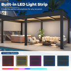 EROMMY 10' x 20' Outdoor Pergola with LED Lights, Aluminum Gazebo with Motorized Louvers & Side Screens for Patio, Backyard & Poolside, Black
