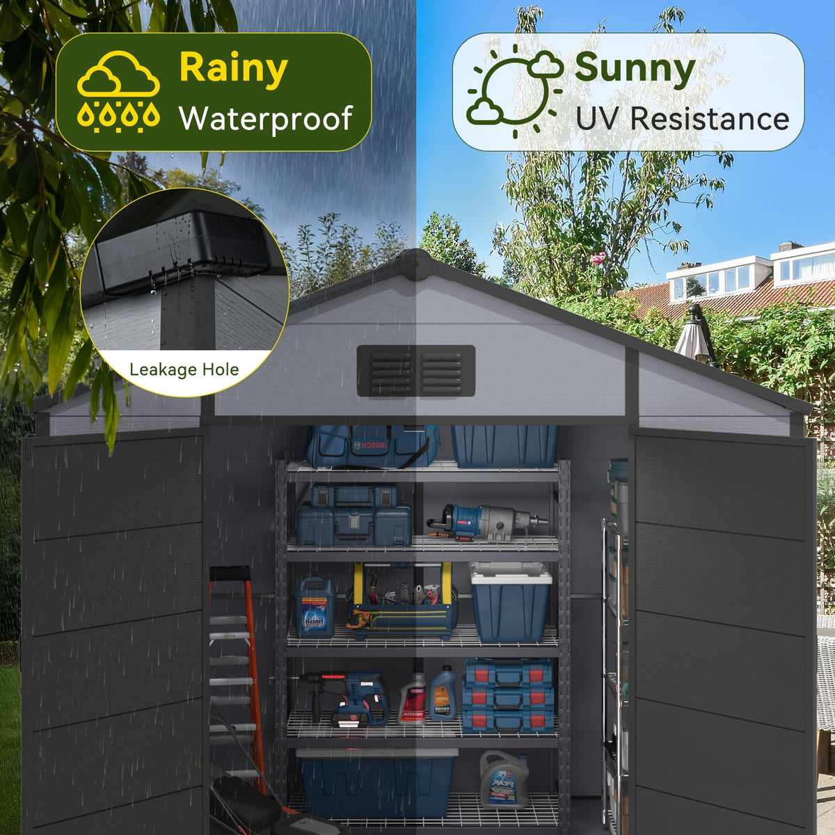 8x6 FT Outdoor Storage Shed, Weather-Resistant Shed with Lockable Double Doors & Built-In Floor, Sloped Roof Outdoor Shed for Backyard, Patio & Lawn, Black