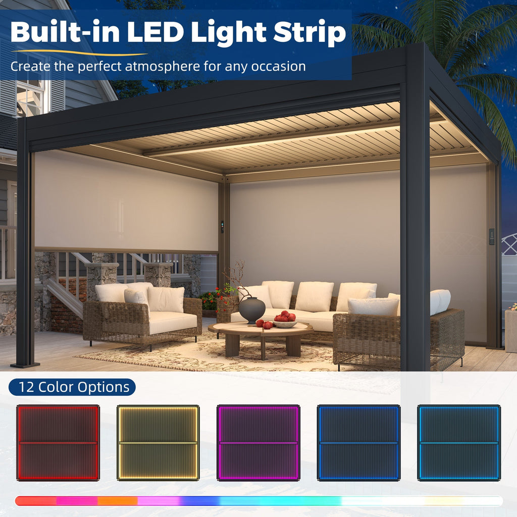 EROMMY 10' x 13' Outdoor Pergola with LED Lights, Aluminum Gazebo with Motorized Louvers & Side Screens for Patio, Backyard & Poolside, Black