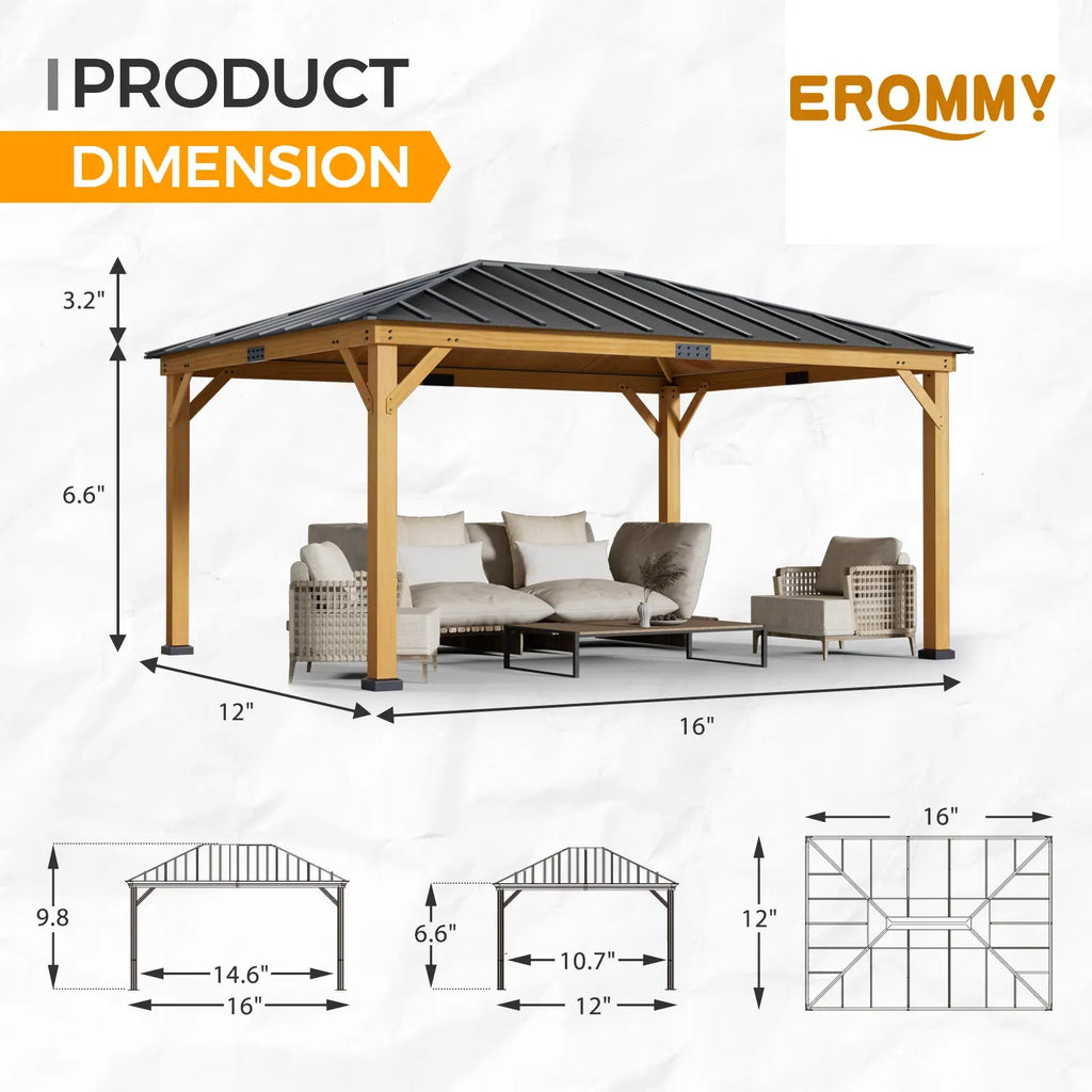 EROMMY 12' x 16' Wood Gazebo Spruce Solid Wooden Frame Pavilion Hardtop Asphalt Roof Canopy for Patio Lawn Garden Backyard