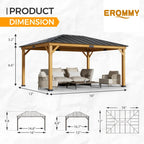 EROMMY 12' x 16' Wood Gazebo Spruce Solid Wooden Frame Pavilion Hardtop Asphalt Roof Canopy for Patio Lawn Garden Backyard