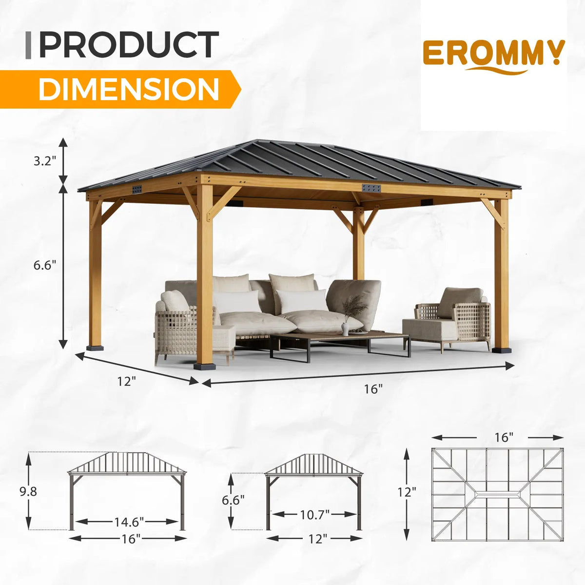 EROMMY 12' x 16' Wood Gazebo Spruce Solid Wooden Frame Pavilion Hardtop Asphalt Roof Canopy for Patio Lawn Garden Backyard