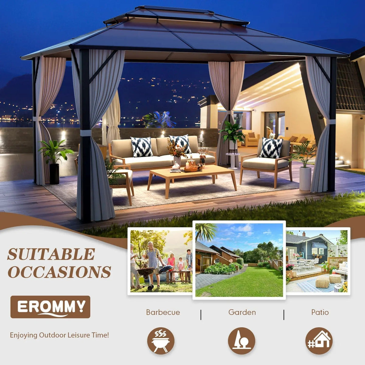 EROMMY 10X13 Gazebo with Polycarbonate Double Roof