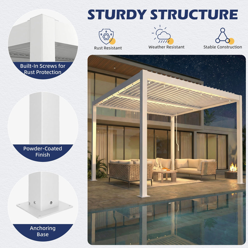 EROMMY 10' x 10' Outdoor Pergola with Adjustable Louvered Roof & Integrated Drainage, Heavy-Duty Metal Louvered Pergola for Patios, White