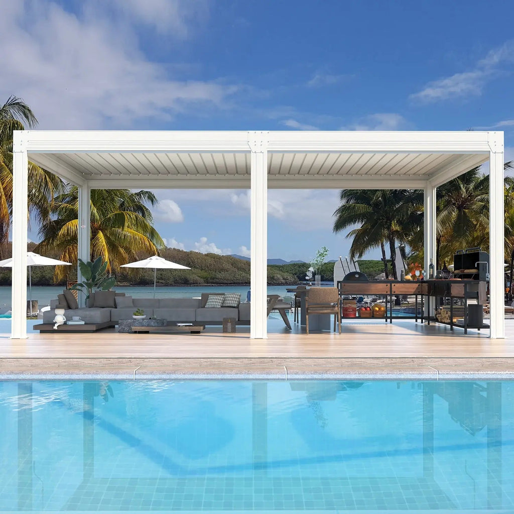 EROMMY 12x20 Large Aluminum Pergola with Louvered Canopy – White