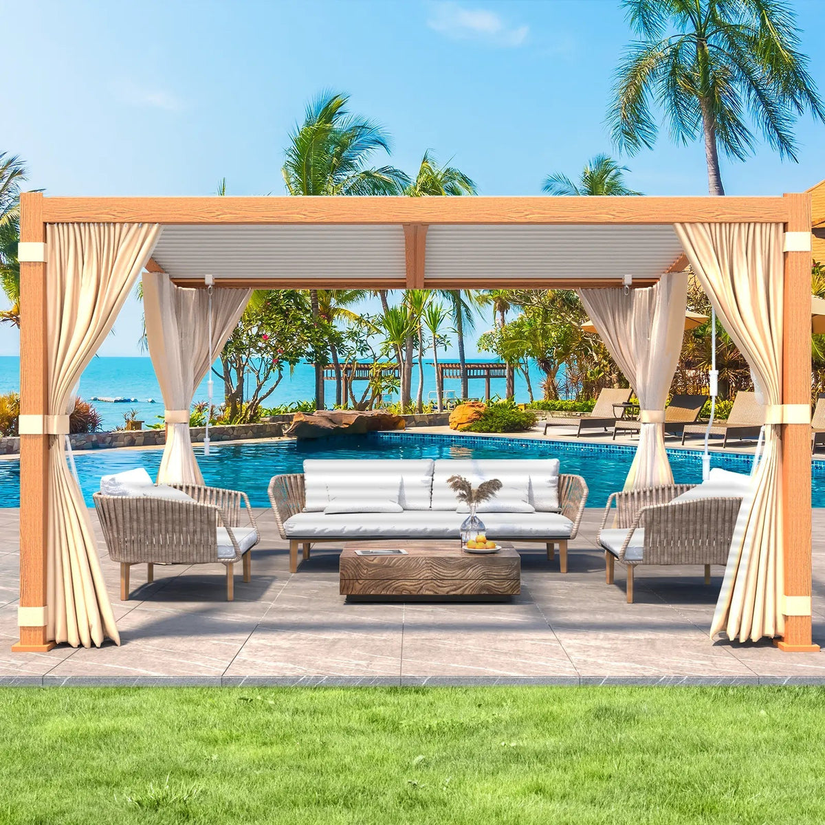 EROMMY 11x13 Louvered Aluminum Pergola with Canopy – Wood Grain